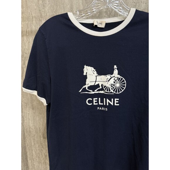 Celine Paris Navy Blue T-Shirt With White Horse & Carriage Graphic Logo Short Sl - Picture 7 of 11